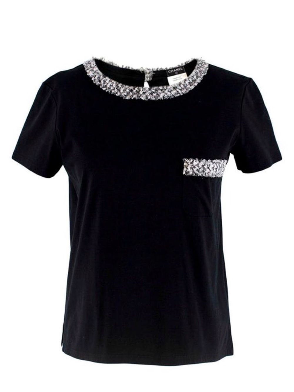 CHANEL Black Short Sleeve Tee with Tweed Trim